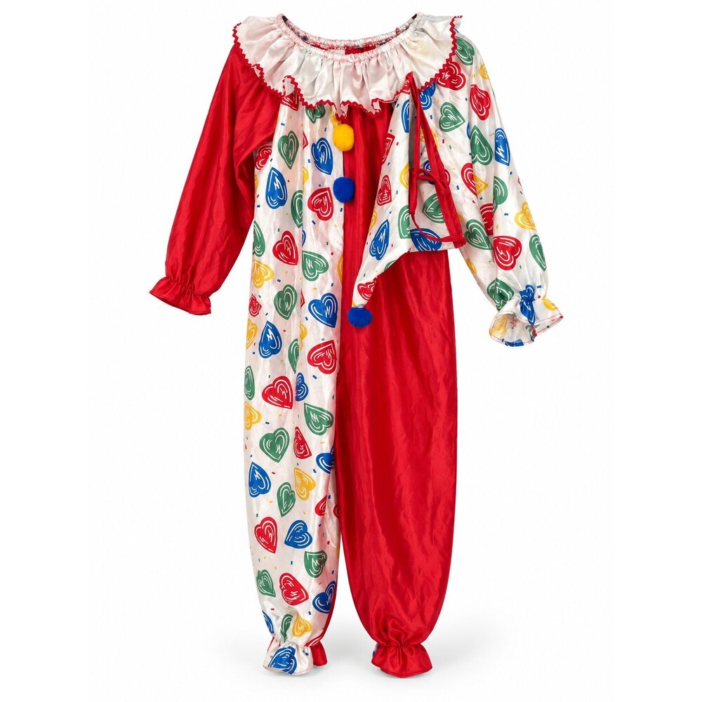 Vintage Honors Clown Costume Red White Heart Print Ruffle Jumpsuit Cape Size M